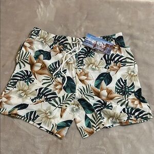 Men's Floral Print Swim Shorts - Green and Brown